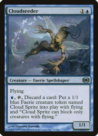 Winged faerie creature flying over dark, misty landscape on a blue card.