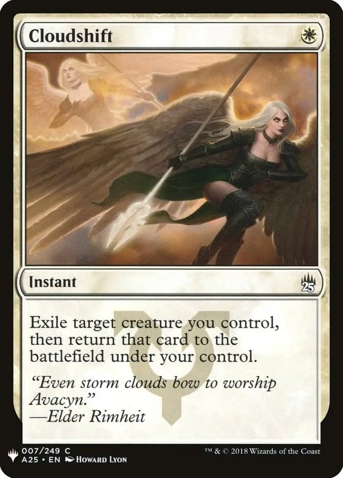 White and black card art of winged woman casting spell. Cloudshift instant magic.