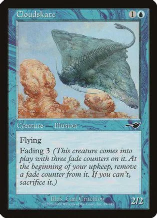 Blue-green flying creature card, Cloudskate, with text box and stats.