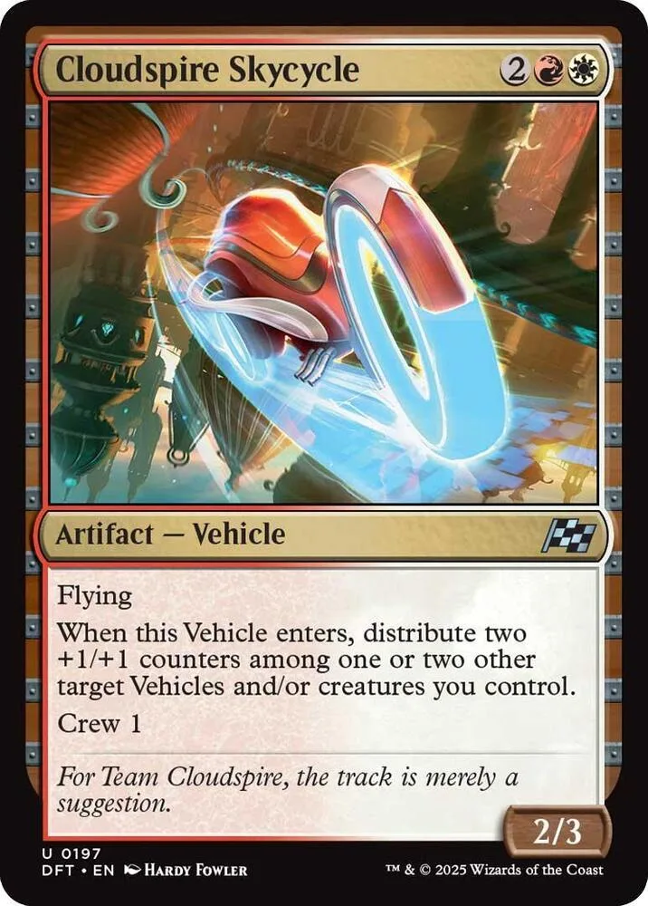 Card art shows red and blue futuristic vehicle flying against a warm, orange background.
