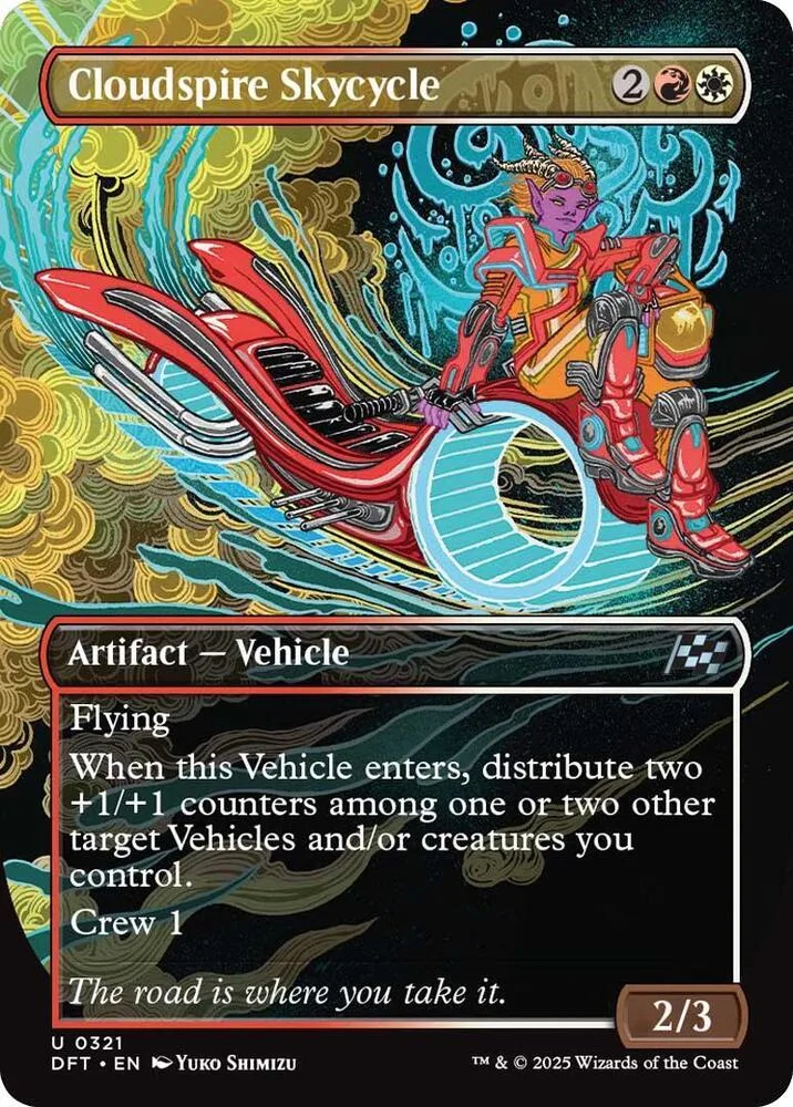 Red and blue vehicle on a card with swirling blue and gold background art.