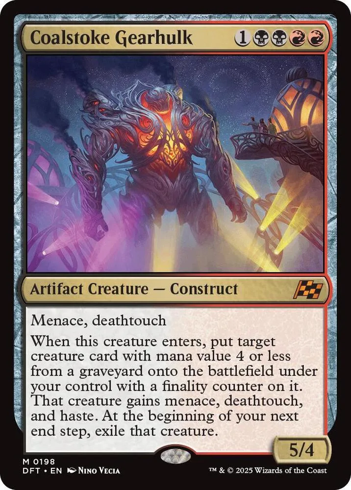 Large, fiery construct creature on a dark, dramatic battlefield card.