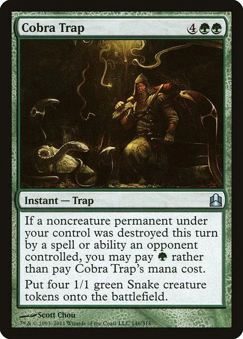 Dark fantasy art card featuring a hooded figure and coiled snakes. Cobra Trap.