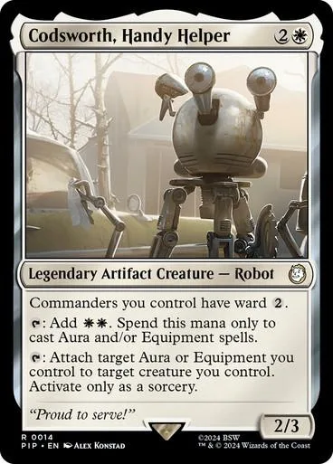 Silver robot creature card, "Codsworth, Handy Helper," in a protective sleeve.