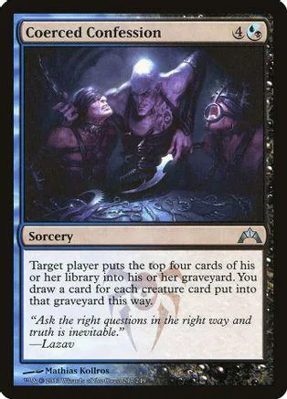 Dark fantasy art on a Magic: The Gathering card titled "Coerced Confession.