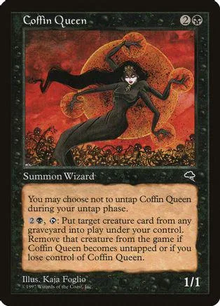 Dark sorceress on fiery orange background, black and red card art.