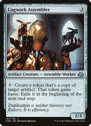 Card art depicts hands holding metallic, mechanical figures against a dark background.