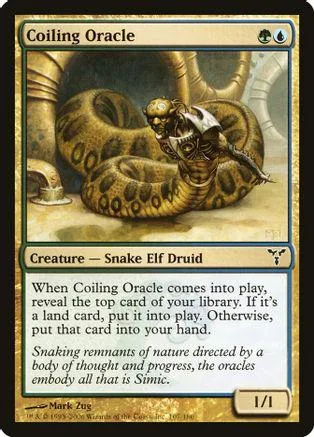 Snake elf druid creature card, Coiling Oracle, brown and green artwork.