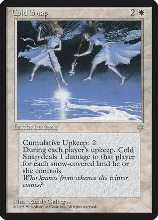 Blue and white fantasy card art featuring two winged figures over a snowy landscape.