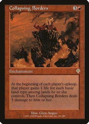 Dark fantasy landscape on a trading card, "Collapsing Borders" enchantment.