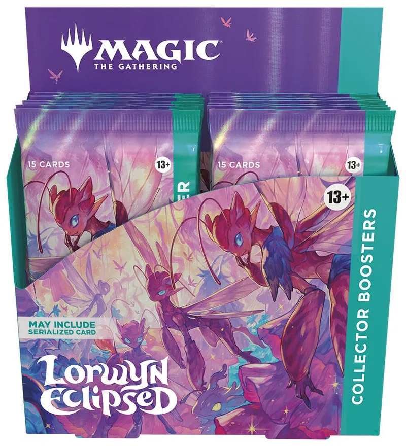 Purple and pink booster packs featuring fantasy creatures, in a collector's box.