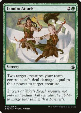 Two figures with horns attack, green and brown fantasy art on a Magic card.