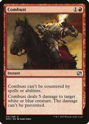 Black horse and armored rider on a fiery battlefield on a Magic card.