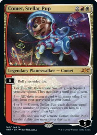 Dog in space suit on card, blue and white, showing ability text.