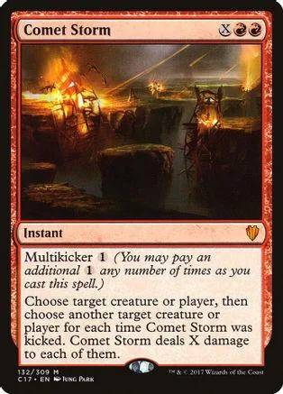 Dark, fiery scene on a Magic: The Gathering card titled "Comet Storm.