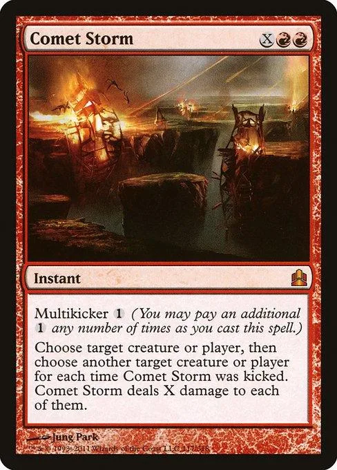 Dark, fiery scene on a Magic: The Gathering card, "Comet Storm.