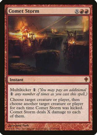 Dark, fiery scene on a card titled "Comet Storm." Instant spell with damage text.