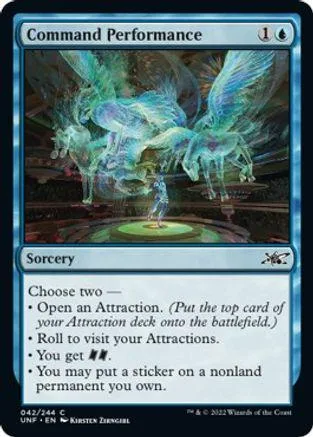 Blue and green winged creature on a dark, ethereal battlefield. Command Performance card.
