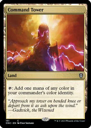 Magic: The Gathering card art of a fiery tower under a dramatic sky.