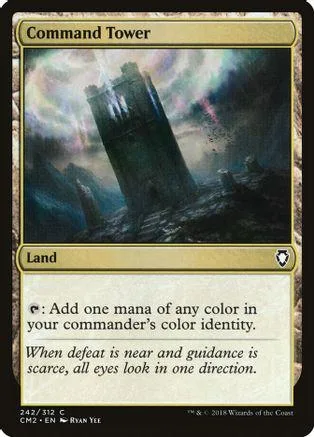 Dark, imposing tower structure against a stormy, colorful sky on a Magic card.
