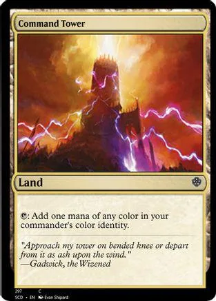 Tower structure in fiery, dramatic landscape with purple lightning.