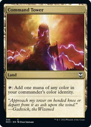 Dark fantasy tower against fiery, lightning-streaked sunset. Magic: The Gathering card.