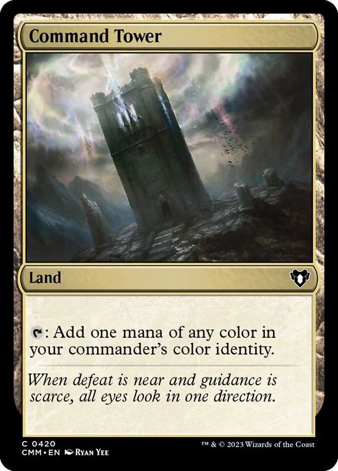 Magic: The Gathering card, Command Tower, dark fantasy tower art.