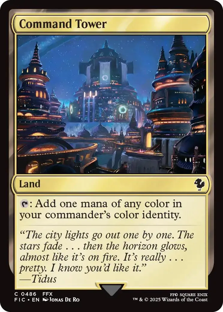 Magic: The Gathering card, Command Tower, depicting a dark, illuminated cityscape.