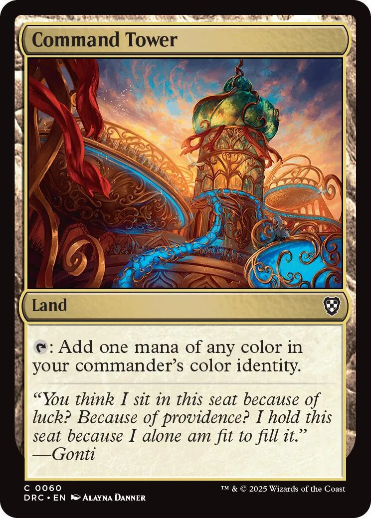 Magic: The Gathering card, Command Tower, depicting a colorful fantasy cityscape.