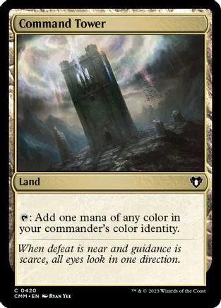 Dark, imposing tower structure on a rocky, stormy landscape. Magic: The Gathering card.