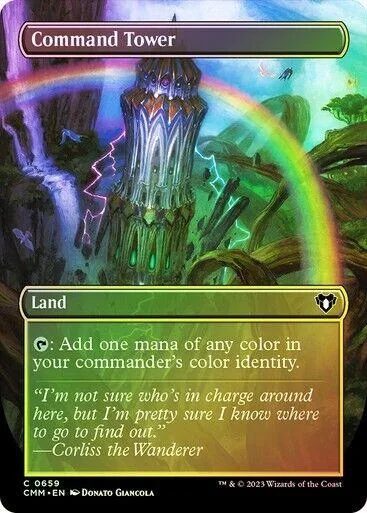 Blue and green fantasy tower card art with rainbow arching over it.