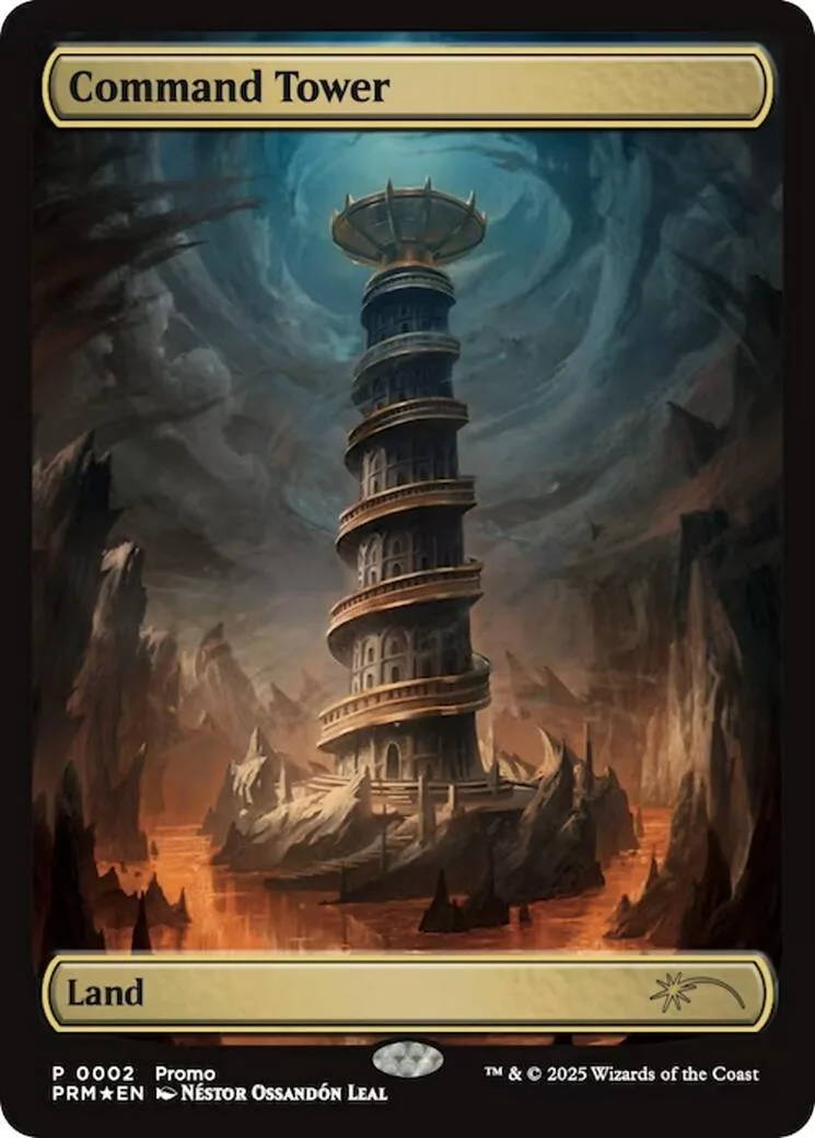 Tall, circular tower in a dark, mountainous landscape on a Magic: The Gathering card.