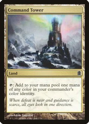 Magic: The Gathering card, Command Tower, showing a dark tower in a misty landscape.