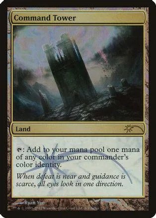 Magic: The Gathering card, Command Tower, dark tower landscape art.