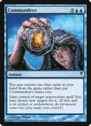 Blue and silver card art of a figure holding a glowing orb. Commanderer instant spell.
