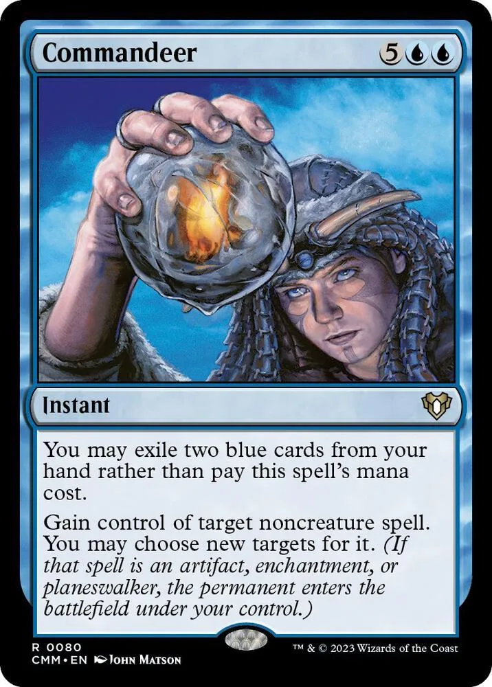 Blue and black Magic: The Gathering Commander card art featuring a woman and glowing orb.