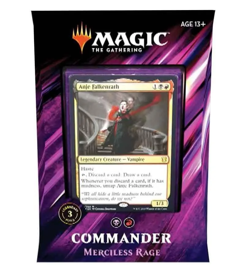 Magic: The Gathering card, Anje Falkenrath, in black and purple packaging.