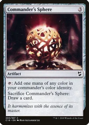 Magic: The Gathering card, Commander's Sphere, gold and black artwork.
