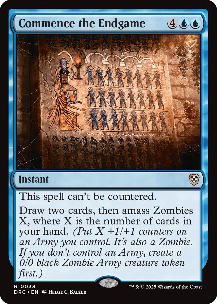 Magic: The Gathering card, "Commence the Endgame," dark fantasy art, blue frame.