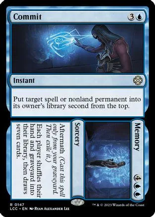 Blue and black Magic: The Gathering card, "Commit," featuring a figure manipulating blue energy.