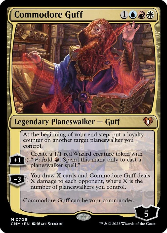 Bearded, red-haired planeswalker in blue robes on a card.