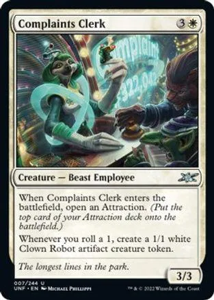 Green goblin-like creature on card art, black border, displaying "Complaints Clerk.