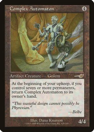Silver automaton figure in brown, earthy setting on a Magic: The Gathering card.