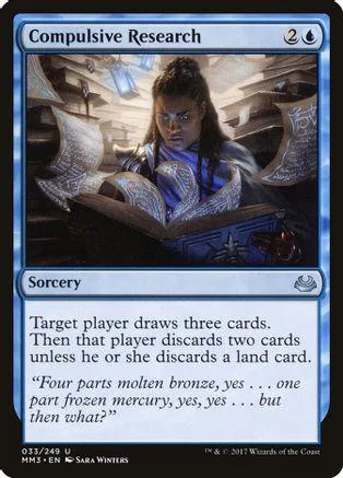 Blue and black Magic: The Gathering card, Compulsive Research, fantasy art.
