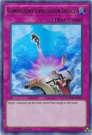 Blue and pink card art showing a projectile striking a mechanical device.