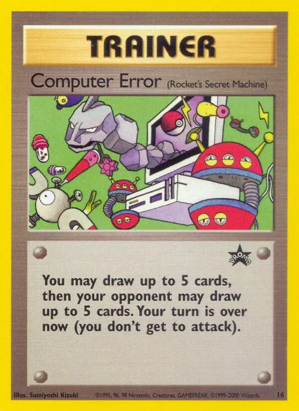 Trainer card art featuring purple robot, computer, and colorful alien characters.