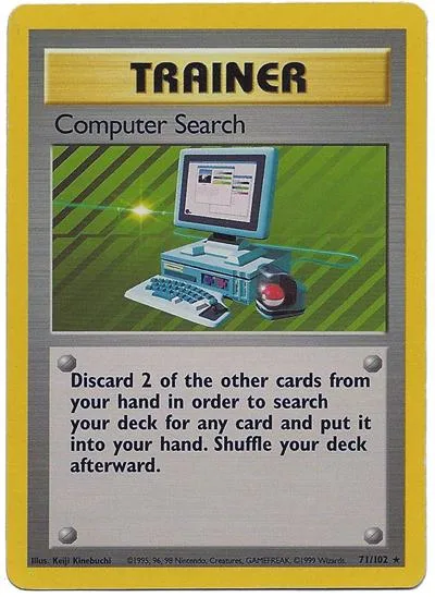 Trainer card featuring a computer on a green, striped background.