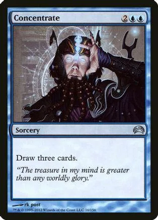 Dark-haired figure with glowing eyes on a black and blue Magic: The Gathering card.