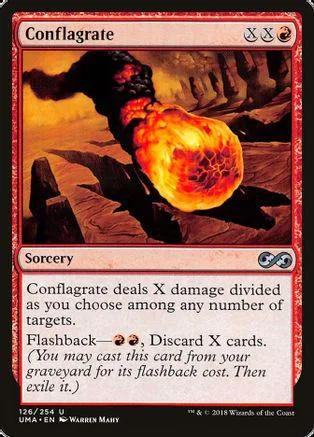 Red and orange fiery explosion on a dark, rocky landscape. Magic: The Gathering card.
