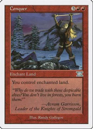 Dark figure raises sword over snowy landscape on Magic: The Gathering card.